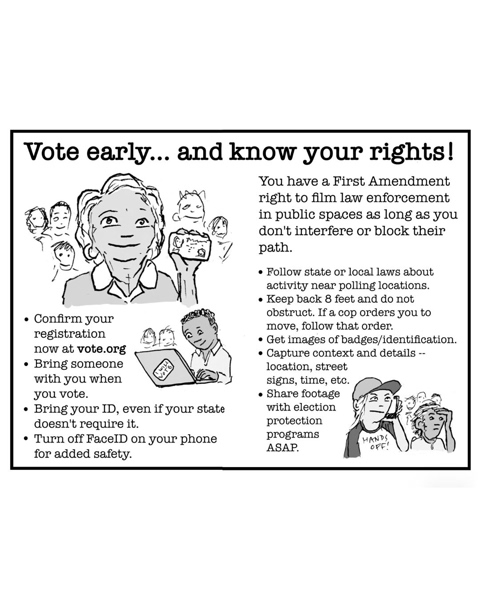 A flyer encouraging early voting and awareness of rights: confirming registration at vote.org, using FaceID on your phone, following local laws about filming law enforcement, recording badge details, and sharing footage with election protection groups