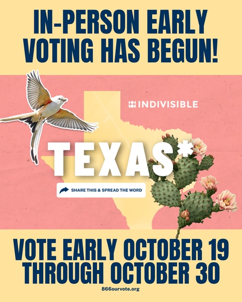 Image with a pink background featuring a silhouette of Texas with "INDIVISIBLE" above it. Bold text at the top reads, "In-person early voting has begun!" and at the bottom, "Vote early October 19 through October 30." The website "866ourvote.org" is shown.