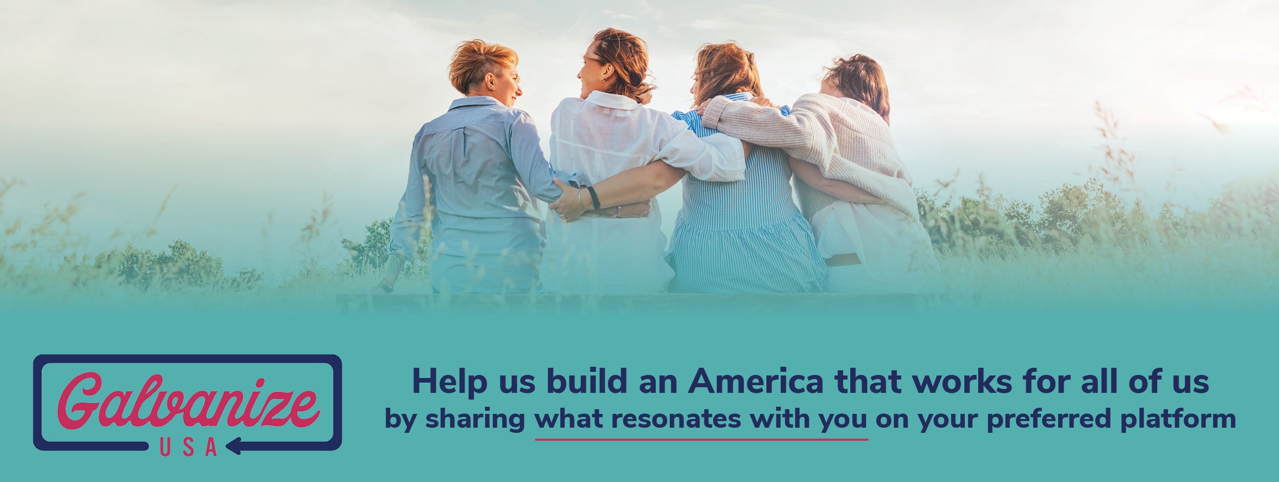 four women facing away with arms around each others' backs