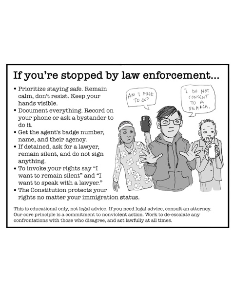 Comic-style illustration providing guidance on interactions with law enforcement. It advises safety, documenting, asking badge numbers, and asserting rights such as remaining silent and asking for a lawyer. It emphasizes de-escalation and acting lawfully